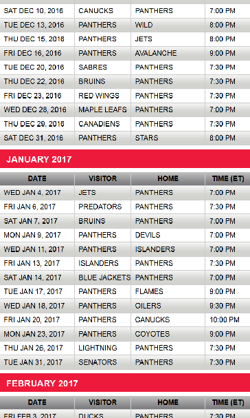 Florida Panthers announce 2016-17 regular-season schedule